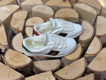 Load image into Gallery viewer, GG white and green miniature tennis shoes for Ken realistic miniature 1/6 scale shoes for dolls