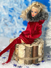 Load image into Gallery viewer, Red velvet hoodie with fur for fashion dolls and red thigh highs