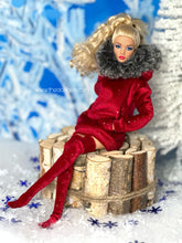 Load image into Gallery viewer, Red velvet hoodie with fur for fashion dolls and red thigh highs
