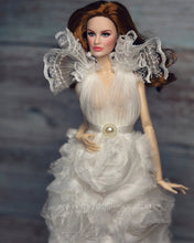 Load image into Gallery viewer, Elegant Couture White Rosette Gown for Barbie Doll – Handmade by The Doll Tailor
