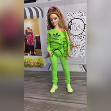 Load and play video in Gallery viewer, Lime green tracksuit for Barbie doll green sweatpants and top
