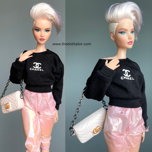 Black sweater with holographic sweatpants for fashion dolls 1/6 scale clothes