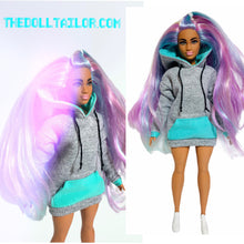 Load image into Gallery viewer, Gray Barbie doll hoodie turquoise pockets hoodie dress