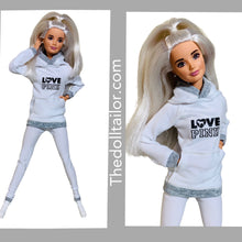 Load image into Gallery viewer, White tracksuit for Barbie doll white and gray hoodie and matching leggings