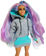Load image into Gallery viewer, Gray Barbie doll hoodie turquoise pockets hoodie dress