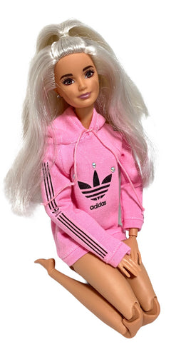 Pink hoodie for Barbie doll Adidas logo