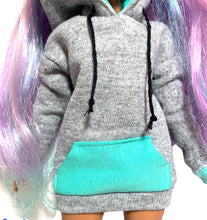 Load image into Gallery viewer, Gray Barbie doll hoodie turquoise pockets hoodie dress