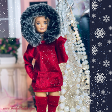 Load image into Gallery viewer, Red velvet hoodie with fur for fashion dolls and red thigh highs
