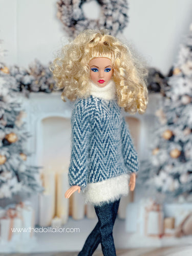 Blue and white turtle neck sweater for barbie dolls 1/6 scale sweater