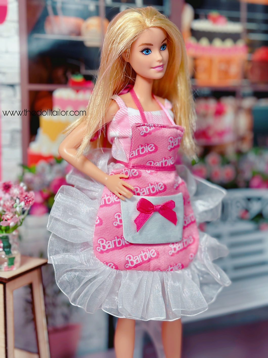 Pink apron for barbie doll white ruffles