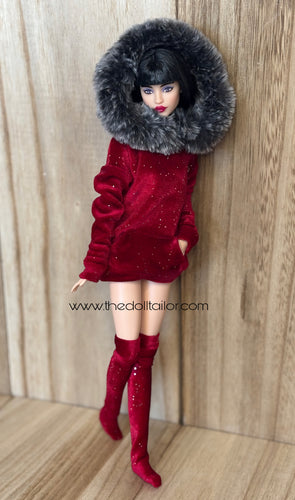 Red velvet hoodie with fur for fashion dolls and red thigh highs
