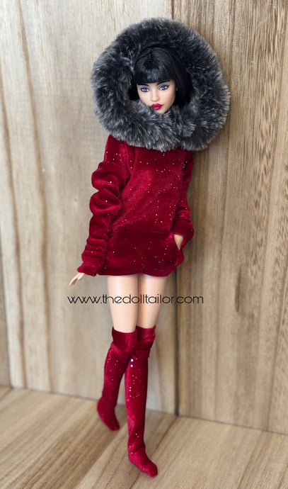 Red velvet hoodie with fur for fashion dolls and red thigh highs