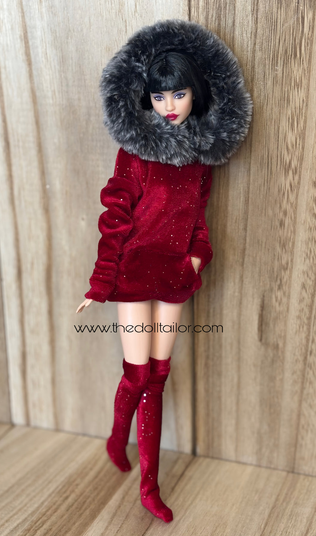 Red velvet hoodie with fur for fashion dolls and red thigh highs
