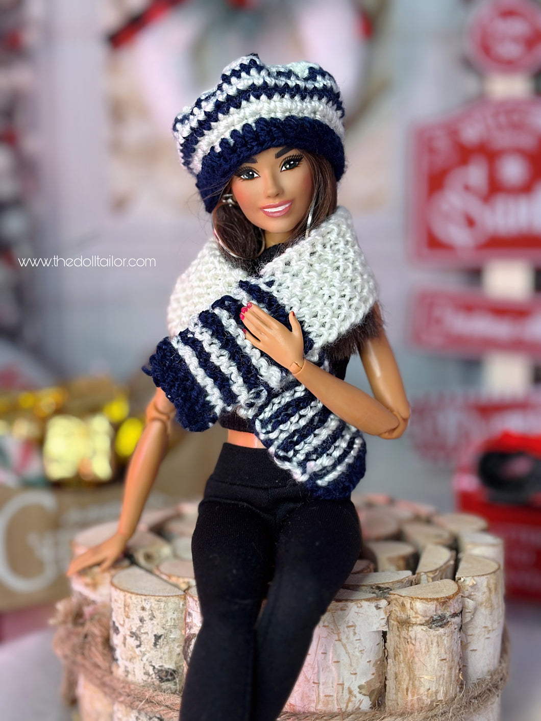 Navy and white crochet scarf and hat for 1/6 dolls