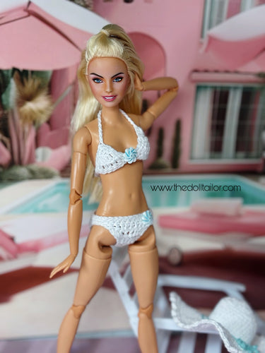 White bikini for Barbie doll and Sun hat crochet hand made bikini