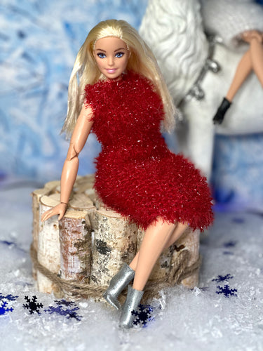 Red knitted dress for barbie doll
