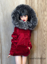 Load image into Gallery viewer, Red velvet hoodie with fur for fashion dolls and red thigh highs
