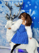 Load image into Gallery viewer, Blue crochet dress with white fur coat for barbie doll
