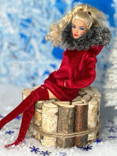 Load image into Gallery viewer, Red velvet hoodie with fur for fashion dolls and red thigh highs
