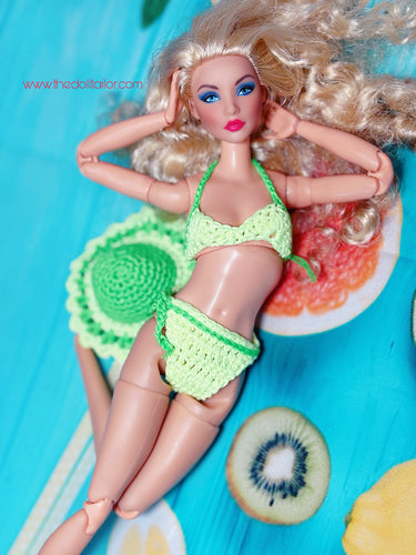 Crochet bikini for barbie dolls Lime green with sun hat