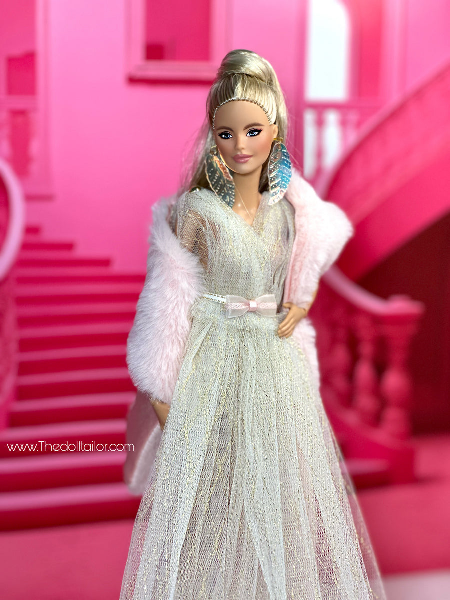 Beige tulle dress with pink fur Shawl for barbie – The Doll Tailor