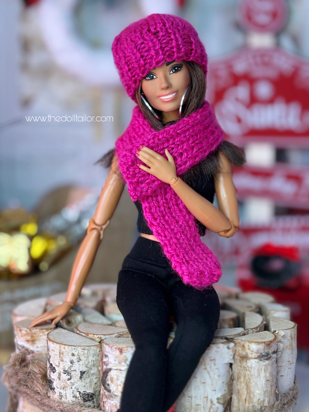 Handmade fuschia scarf and hat crochet for 1/6 scale dolls