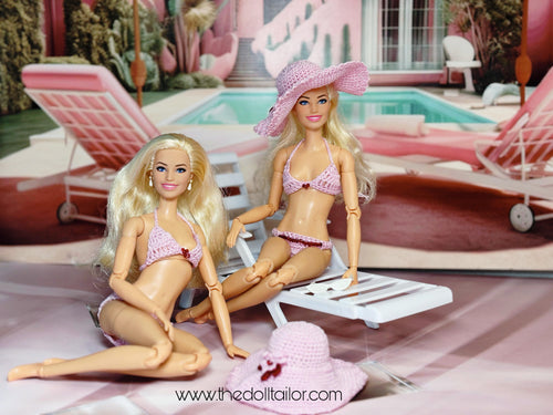 Pink crochet bikini for barbie doll and sun hat