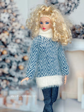 Load image into Gallery viewer, Blue and white turtle neck sweater for barbie dolls 1/6 scale sweater
