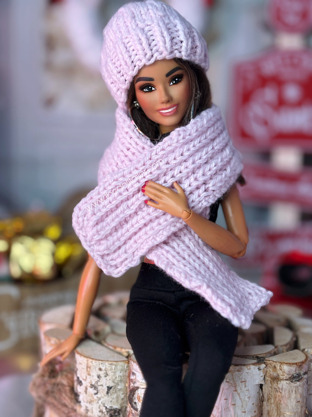 Handmade crochet pink scarf and hat for 1/6 dolls