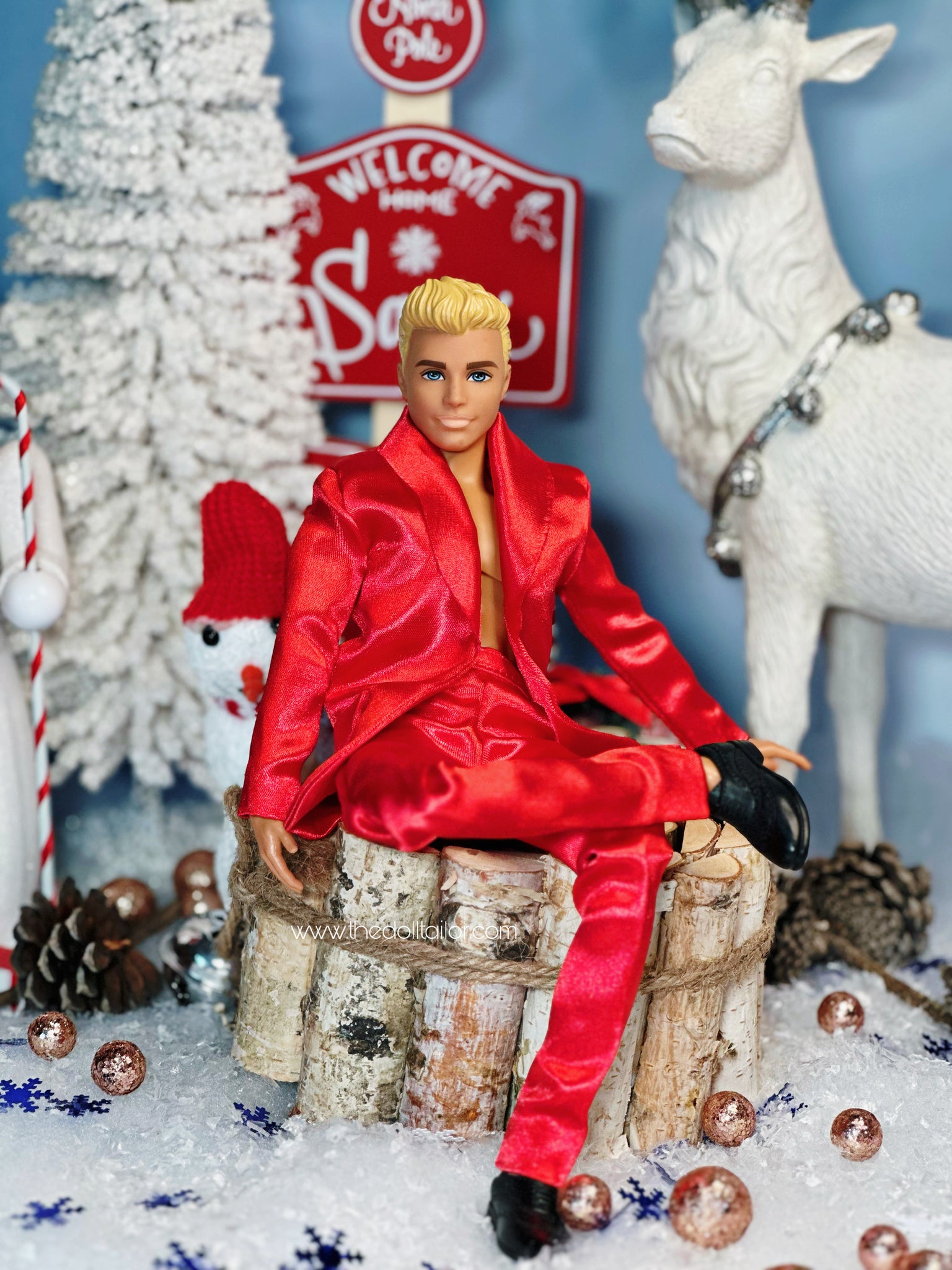 Red satin suit for Ken doll Christmas suit - Main Image