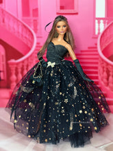 Load image into Gallery viewer, Black wedding dress with gold accents for barbie dolls
