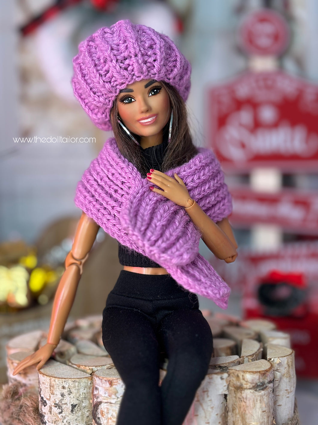 Purple crochet hat and scarf for 1/6 scale dolls