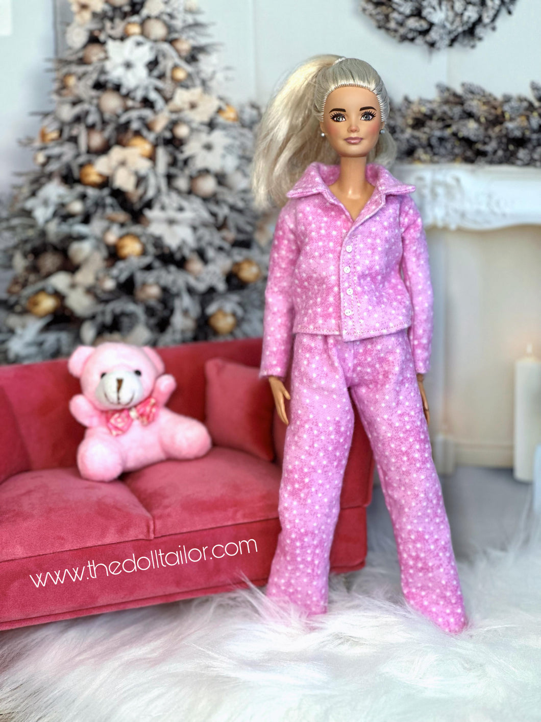 Pink flannel pajamas for barbie dolls Christmas pajamas 1/6 scale