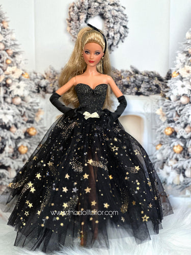 Black wedding dress with gold accents for barbie dolls