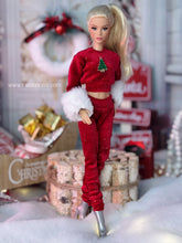 Load image into Gallery viewer, Red velvet pants and sweater with green Christmas tree for barbie dolls
