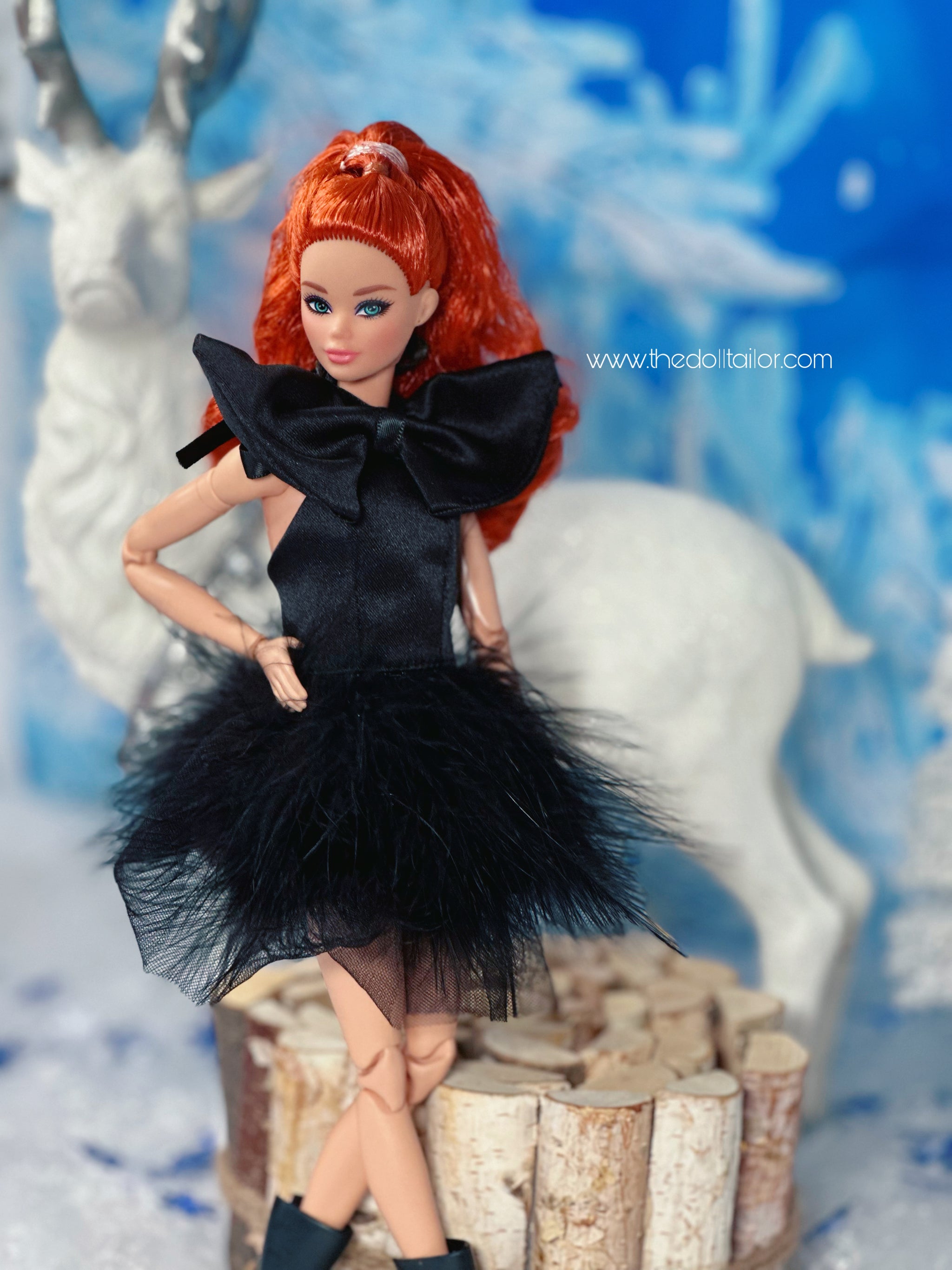 Black satin dress with bow for barbie dolls – The Doll Tailor