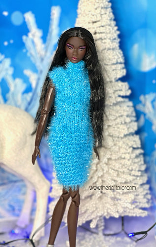 Blue knitted dress for barbie dolls
