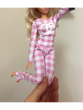 Load image into Gallery viewer, Barbie luxurious pink and white pajamas gingham leggings and tops for barbie dolls with white CC logo
