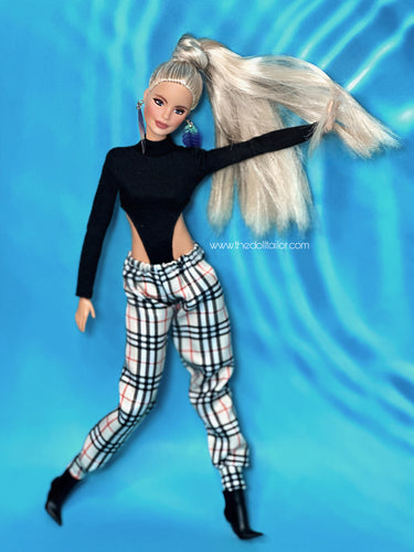Black bodysuit for Barbie dolls tartan sweatpants