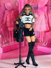 Load image into Gallery viewer, Black and white crop top and shorts for barbie
