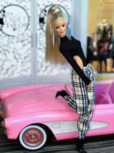 Load image into Gallery viewer, Black bodysuit for Barbie dolls tartan sweatpants
