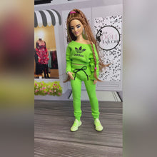 Load and play video in Gallery viewer, Lime green tracksuit for Barbie doll green sweatpants and top
