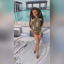 Load and play video in Gallery viewer, Green bikini for Barbie dolls and 1/6 scale dolls with gold accents
