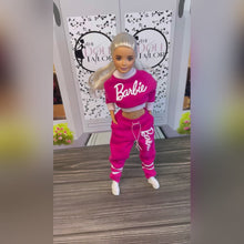 Load and play video in Gallery viewer, Pink sweatpants and sweatshirt for Barbie doll with logo
