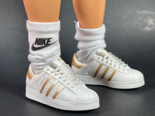 Load image into Gallery viewer, White and gold tennis shoes for male fashion dolls miniature shoes

