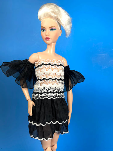 Black and white dress for fashion doll lace cocktail dress for 11.5” fashion dolls ruffles dress