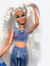 Load image into Gallery viewer, Holographic purple leggings and crop top for Barbie doll
