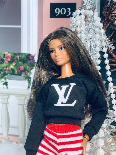 Black sweater with white logo for fashion dolls