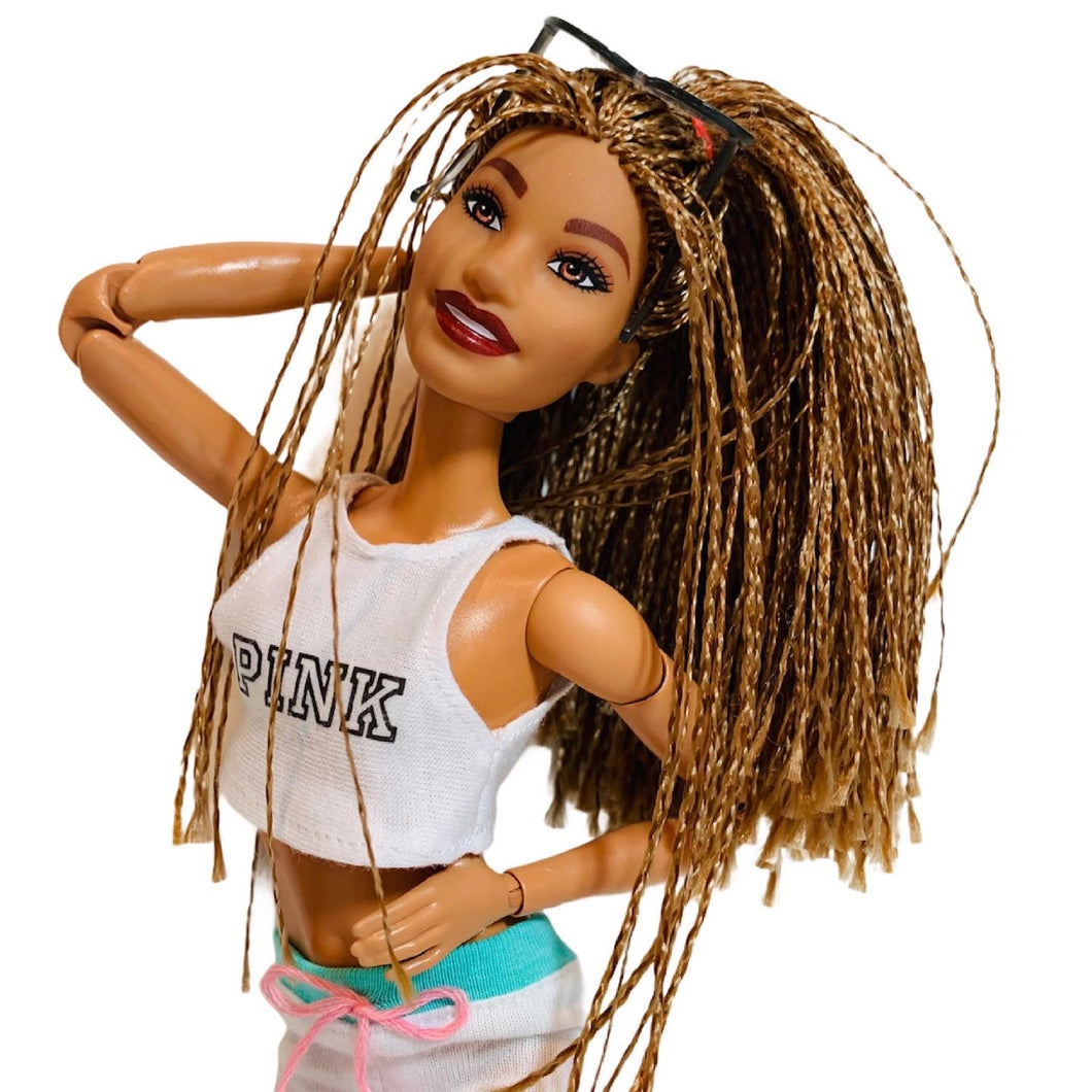 White crop top for Barbie dolls with “PINK” logo
