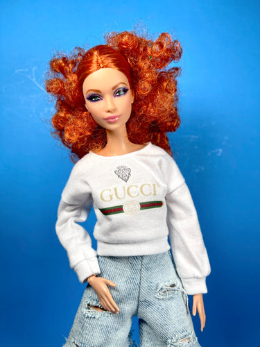 White sweater for fashion dolls with logo